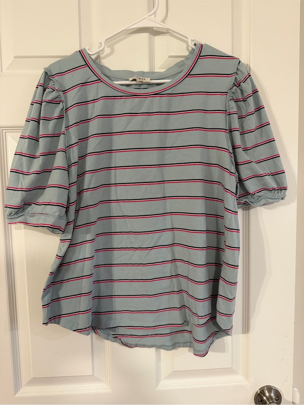 Umgee Light Blue Tee with Pink and Navy Stripes